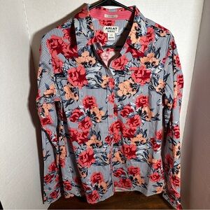 Ariat Real Women's Long Sleeve Button Up Striped Floral Art Fitted Size Large